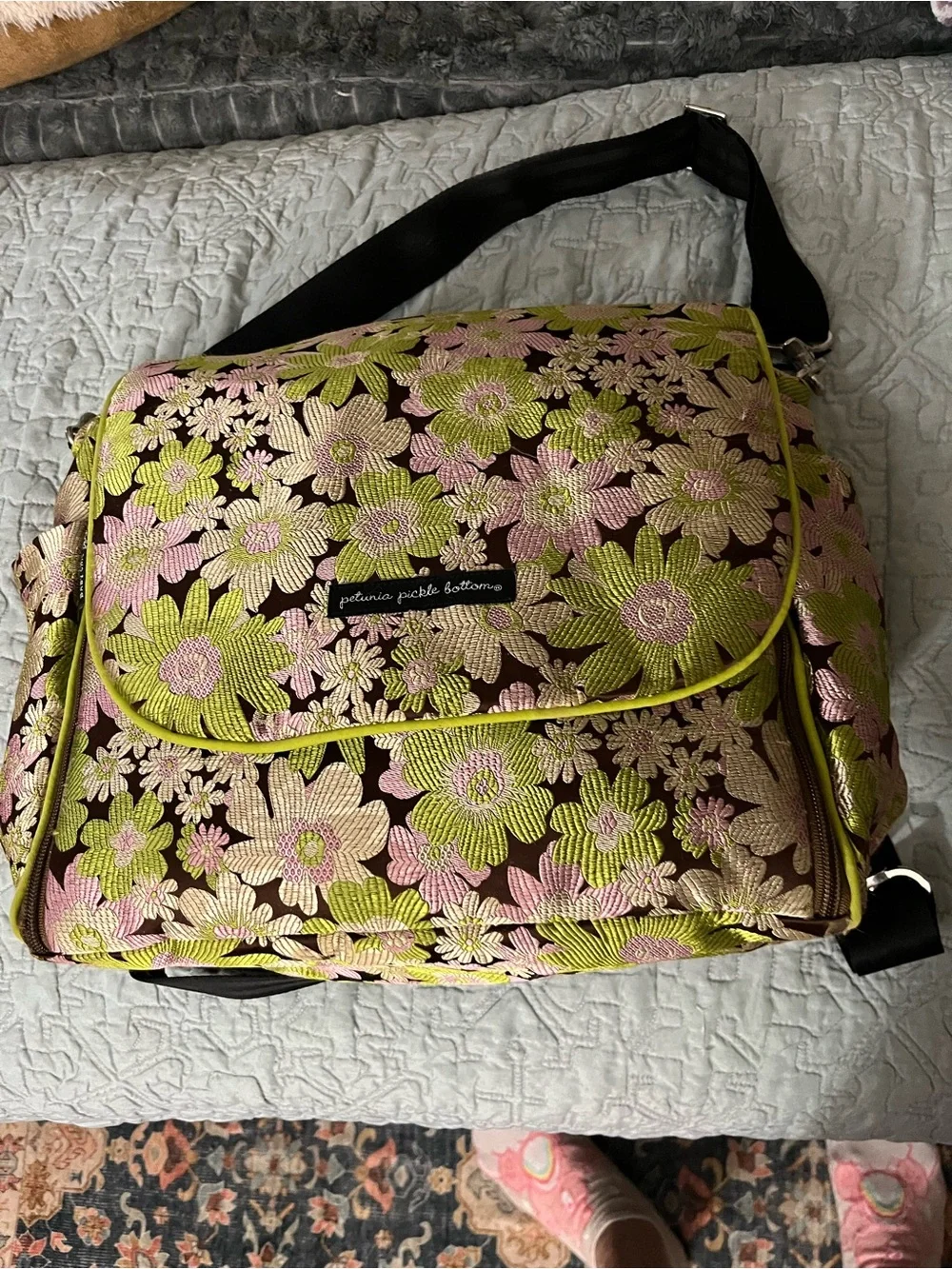Petunia Pickle Bottom Floral Jacquard Baby Bag in Brown, Pink & Lime